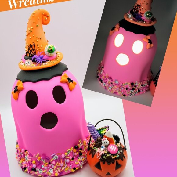 Lighted Halloween Ghost with Witch Hat & Pumpkin Pail – Glow-in-the-Dark Spooky - Picture 1 of 7